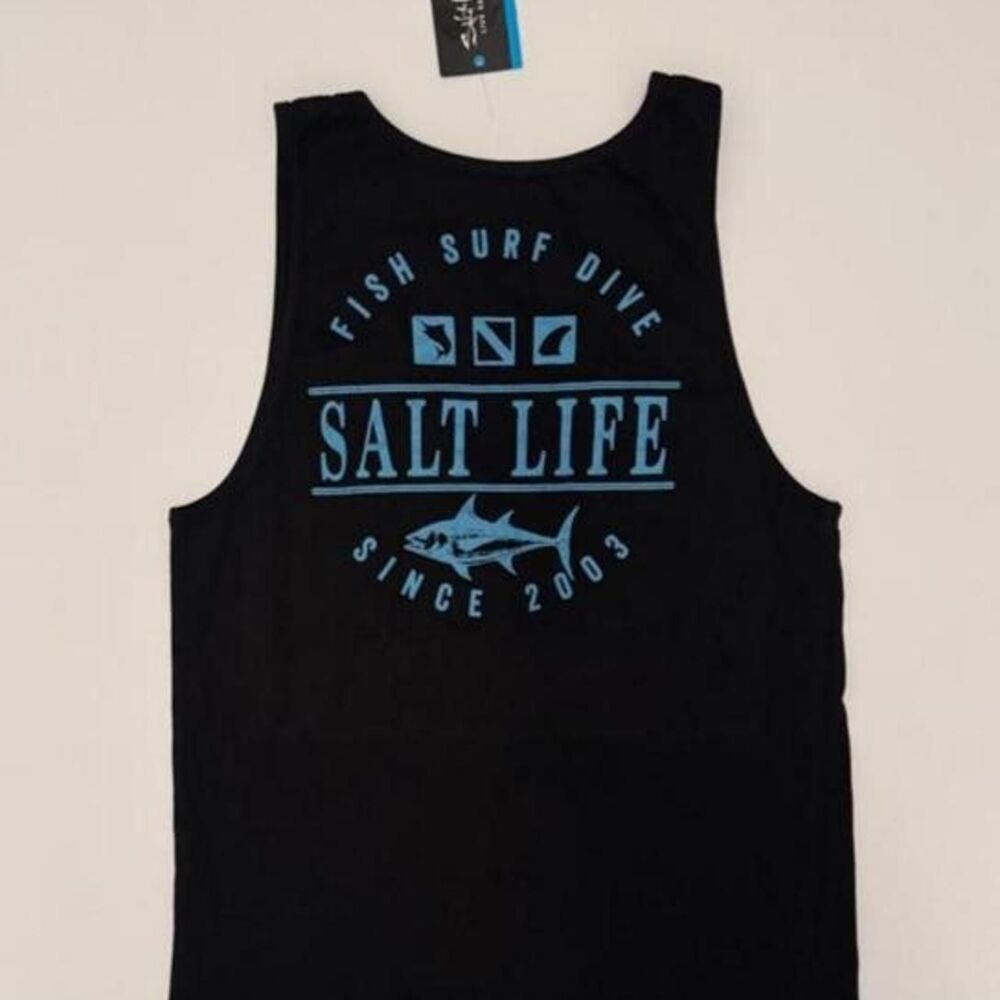 Brand new men’s salt life black tank with large blue graphic on back.